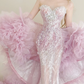 Pink Strapless Sequin Mermaid Gown 3D Cloud Tulle Train with Cape  NV7182