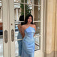 Blue women's halter neckline long satin ball gown evening dress wedding guest dress nv2960