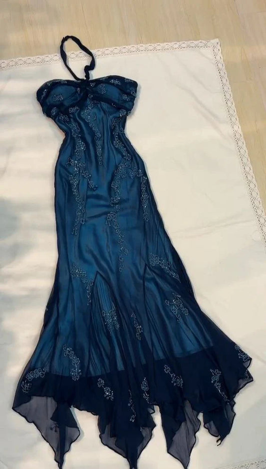 Blue fashion elegant exquisite beaded halter long chiffon backless ball gown evening dress party dress nv3665