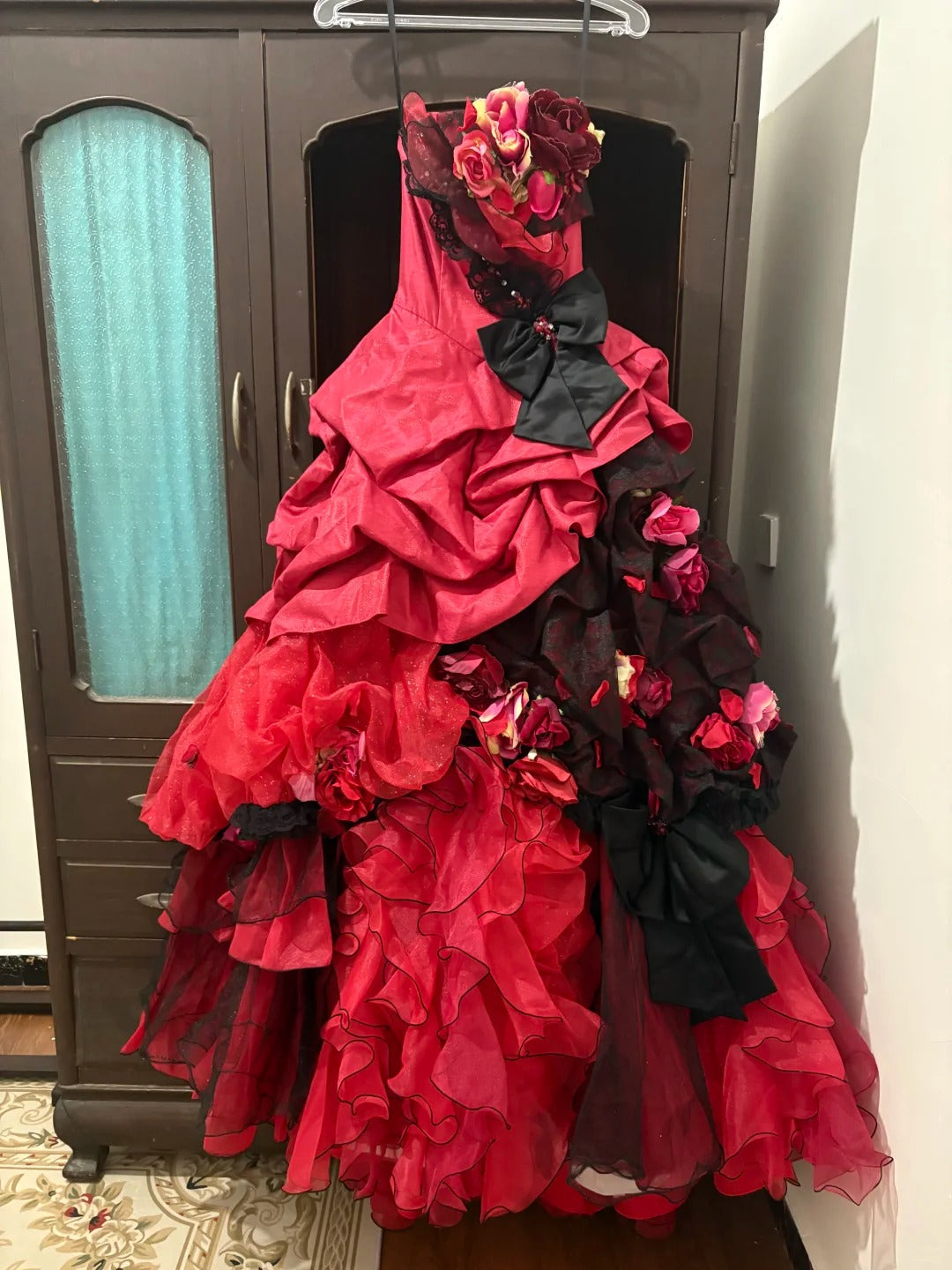Red floral lace tulle floor-length ball gown nv5170