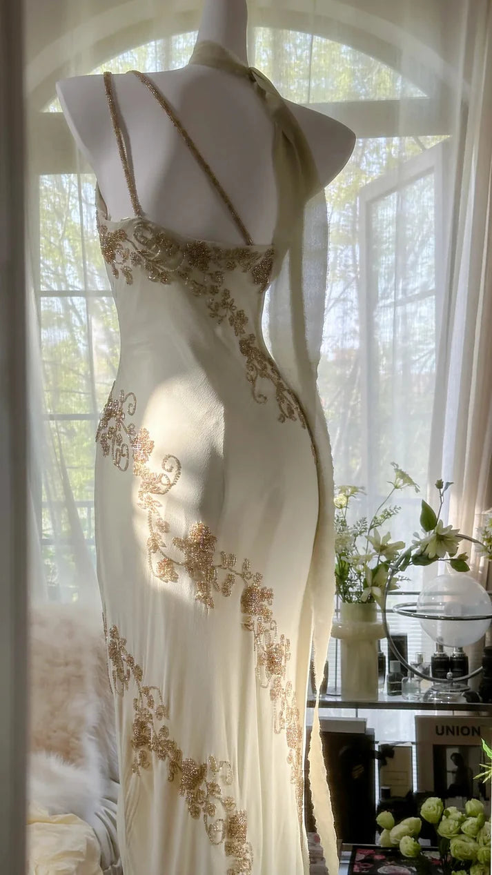 Ivory White Vintage Fashion One Shoulder Exquisite Beaded Long Chiffon Ball Gown Birthday Party Dress Cocktail Party Dress Evening Dress Prom Dress nv4904