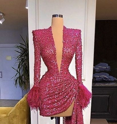 Pink Long Sleeve Fashion Sequin Shiny Elegant Short Evening Dress Ball Gown Party Dress nv2870