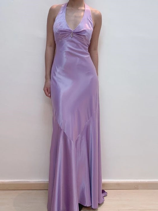 Purple Satin Vintage Slim V-neck Rhinestone Long Prom Dress Evening Dress Party Dress nv2333