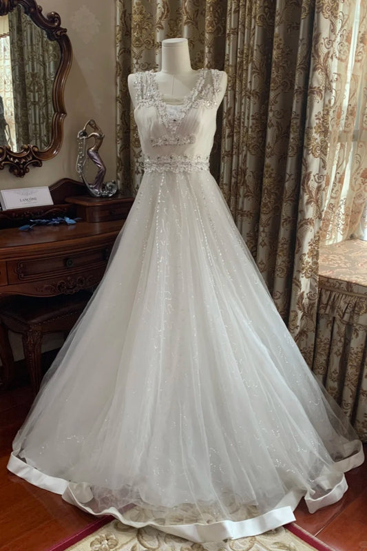 Starry Luxury Style White Beaded V-Neck Sleeveless Train Ballgown Wedding Dress NV6365