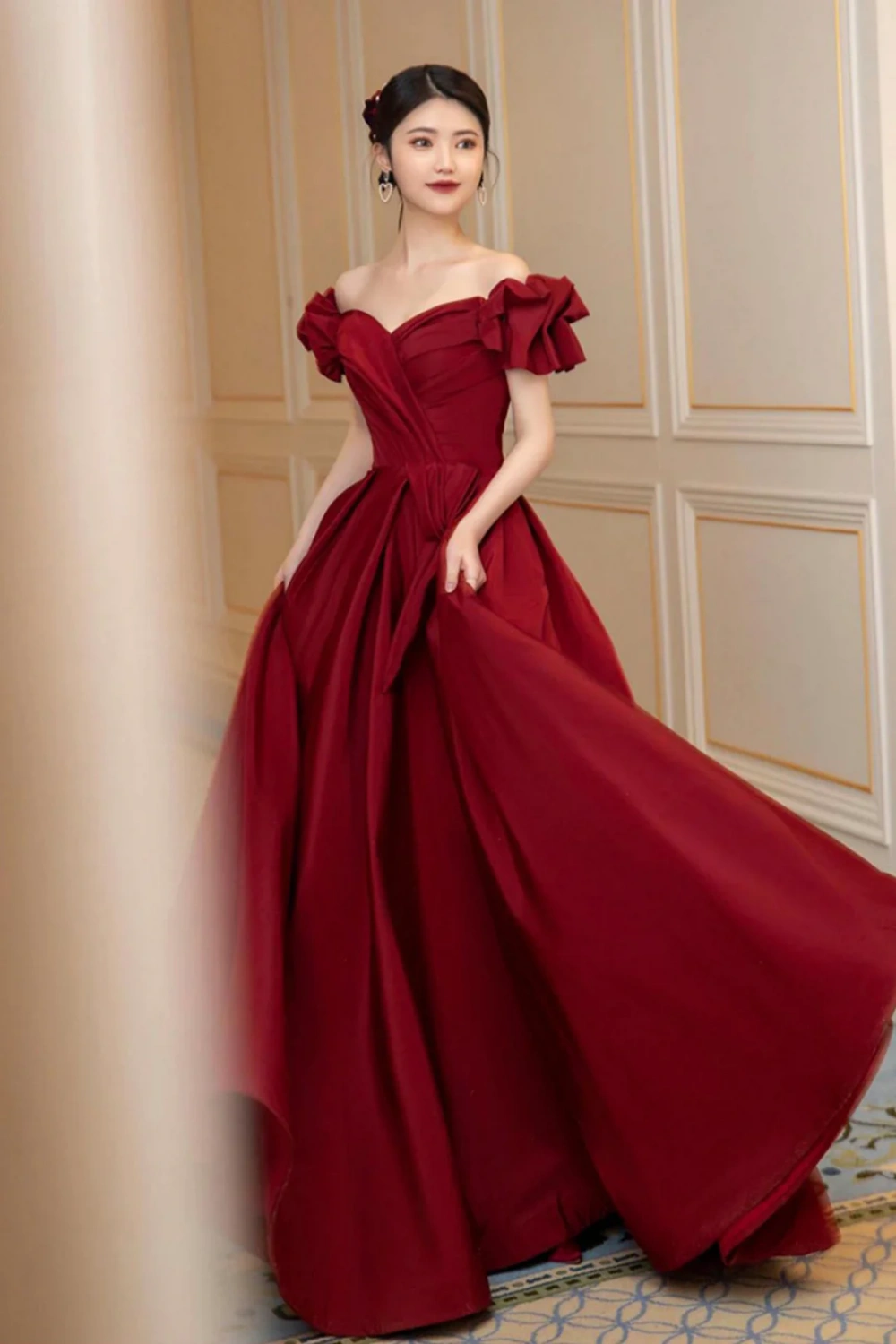 Burgundy short sleeve sweetheart neckline elegant A-line long satin ball gown evening dress nv3211