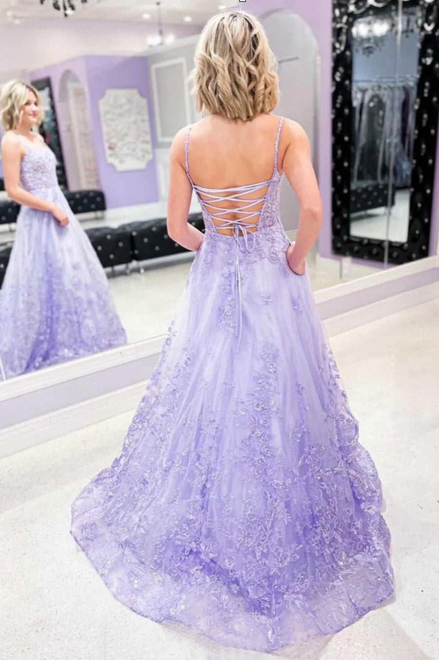 Purple Tulle Lace Long Prom Dresses, Purple Lace Graduation Dresses nv1461