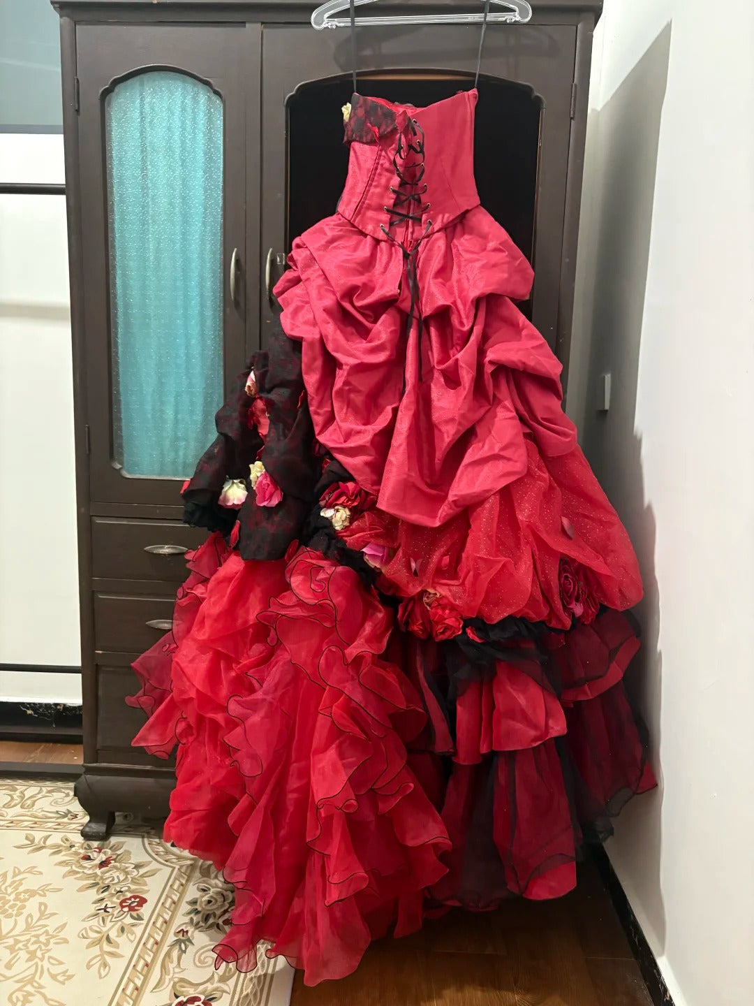 Red floral lace tulle floor-length ball gown nv5170