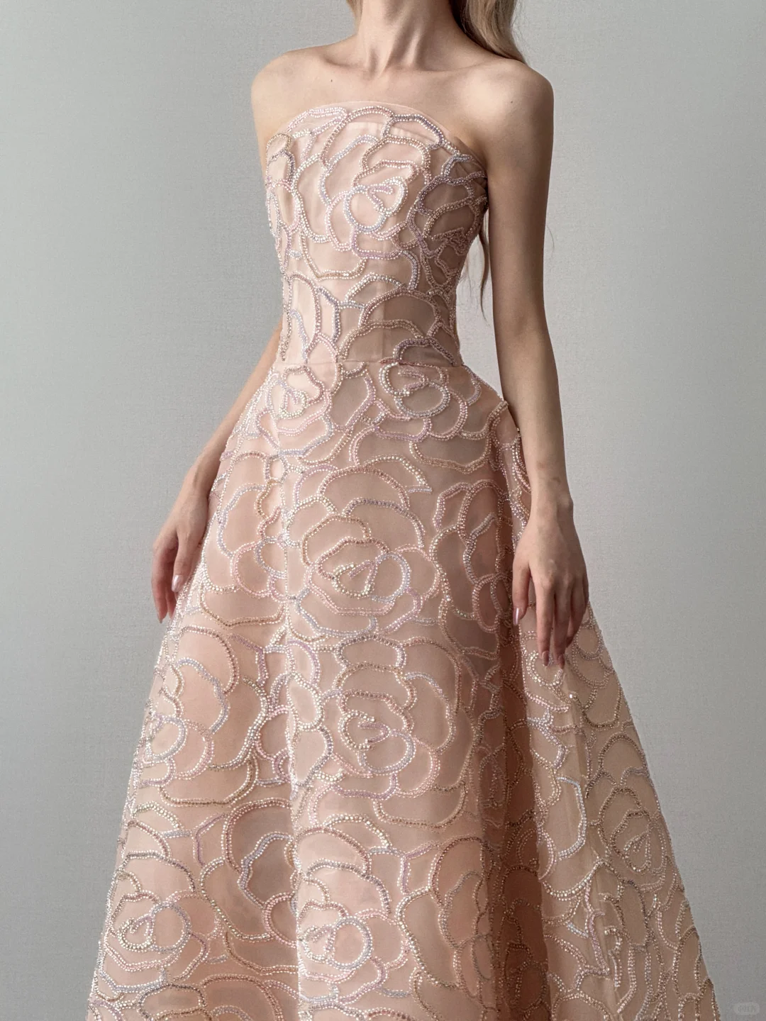 Strapless Nude Pink Ball Gown Prom Dress, Rose Beaded Embroidery Evening Gown  NV7112