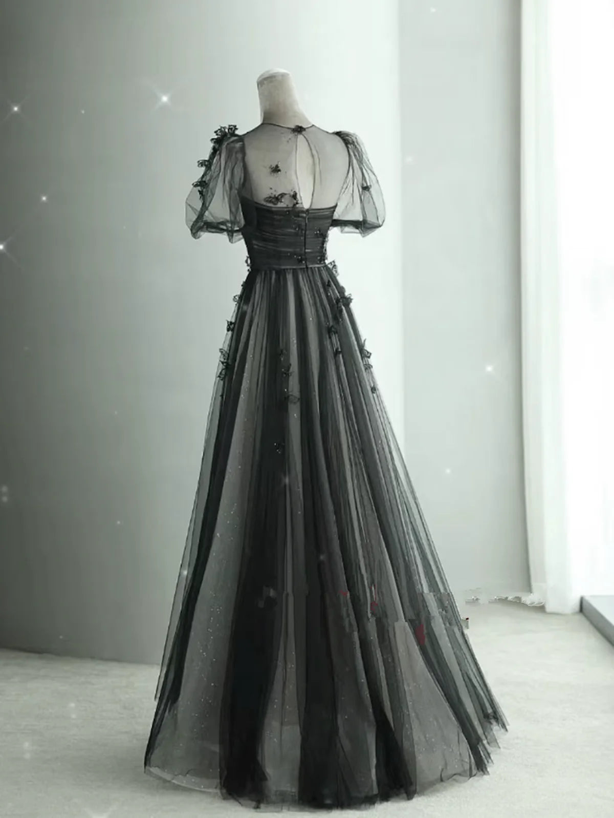 Black Elegant Tulle Puffy Short Sleeve A-Line Long Ball Gown Evening Dress Party Dress nv2479