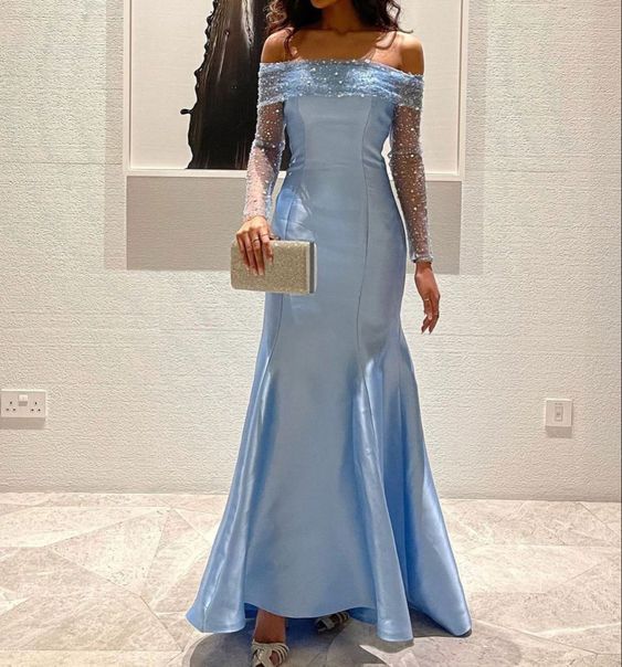 Blue Simple Fashion Elegant Shiny Mermaid Off-the-shoulder Long Sleeves Long Prom Dress Party Dress Evening Gown Sleeves with Sequins nv2556