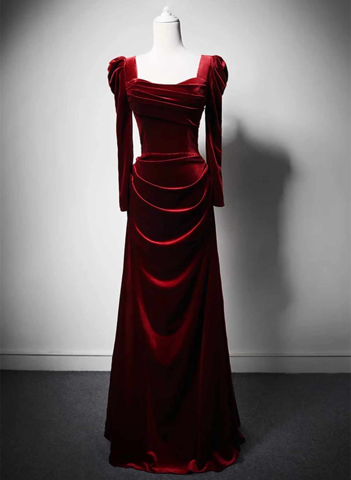 Burgundy Long Sleeve Velvet Long A-Line Ball Gown Wedding Party Dress Evening Gown nv2154