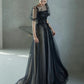 Black Elegant Tulle Puffy Short Sleeve A-Line Long Ball Gown Evening Dress Party Dress nv2479