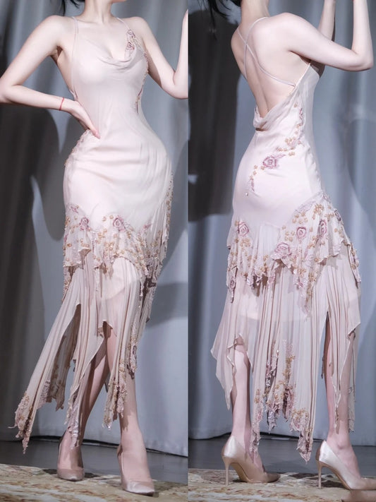 Blush Dream - Backless Cami Lace Embroidered Gown with Asymmetric Fringe Hem, Evening Dress  NV6851