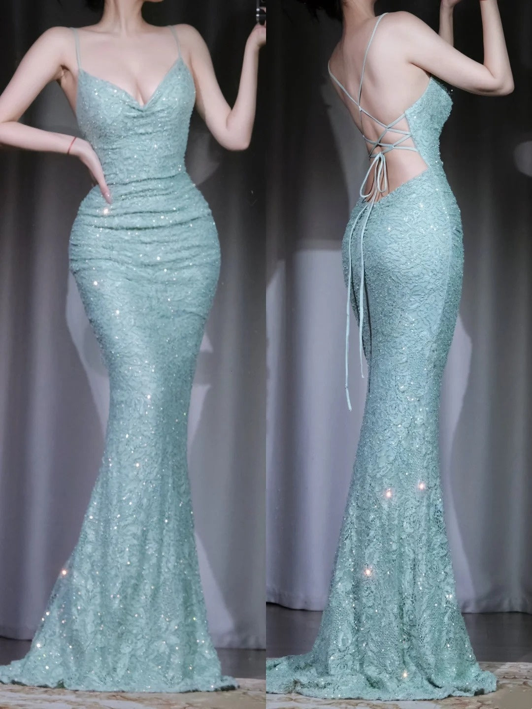 Mint Galaxy - Backless Sequin Cami Mermaid Gown, Ethereal Lace Train Evening Dress  NV6852