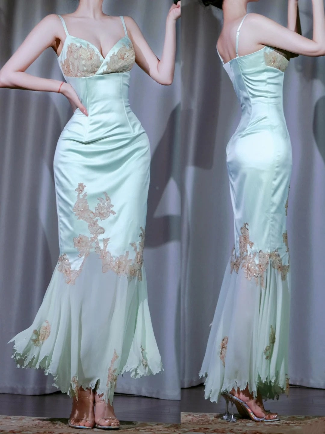 Blooming Summer - Satin Lace Cami Mermaid Gown with Asymmetric Tulle Hem, Evening Dress NV6850