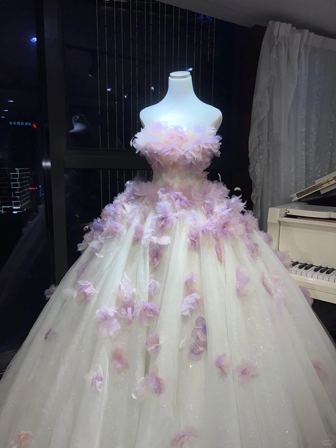 White Ombre Lavender Strapless Tulle Ball Gown, Corset Dress with 3D Gradient Floral Petals & Feather Trim  NV7097