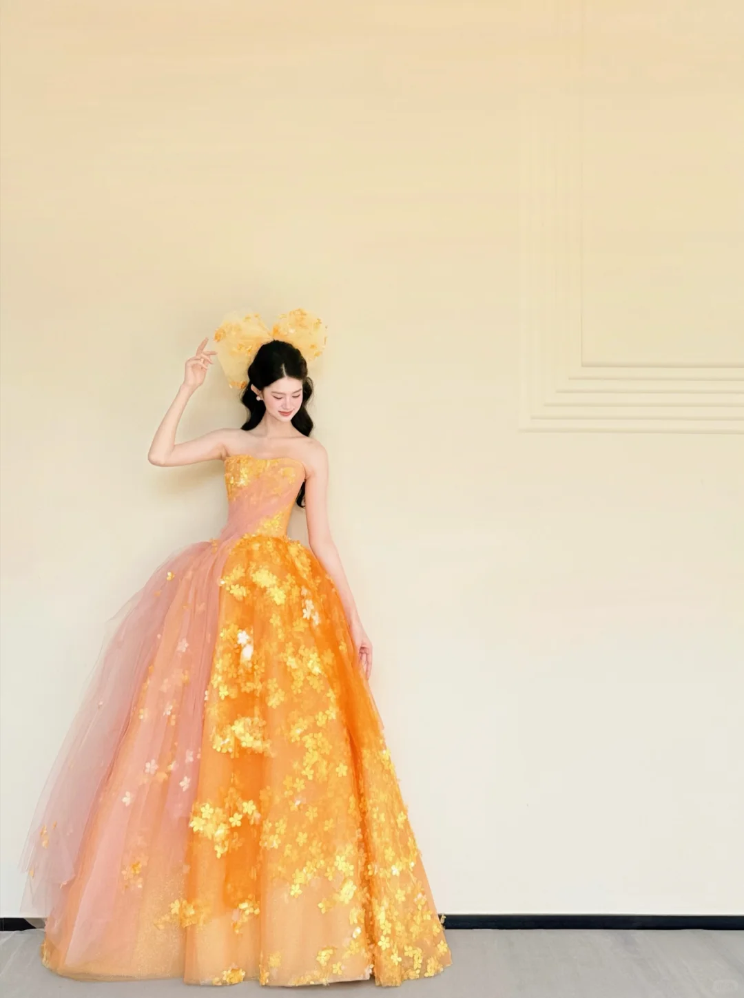 Strapless Orange Pink Ombre 3D Gold Floral Ball Gown Prom Dress  NV7414