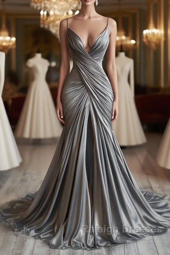 Elegantes, lässig-cooles Abendkleid mit Spaghettiträgern und tiefem V-Ausschnitt | Silbergraues, gerafftes Maxikleid aus Satin im Meerjungfrauenstil für Galas, den roten Teppich, exklusive Business-Events und gesellschaftliche Anlässe NV6277