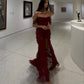 Burgundy strapless elegant and charming tulle long slit evening dress prom dress party dress prom dress to impress nv2580