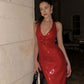 Red Rose Sequined Halter V Neck Mermaid Long Prom Gown Evening Gown Party Dress nv1837