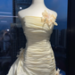 Pale Yellow Strapless Vintage Evening Gown Ruched Texture 3D Flowers Tiered Bubble Long Prom Dress  NV7012