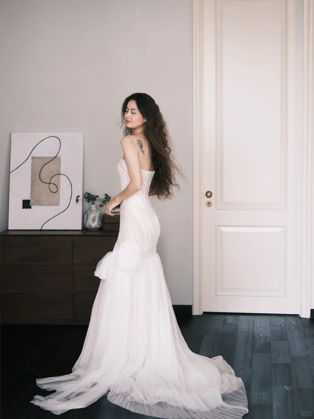 Strapless Ruched Tulle Mermaid Bridal Gown with 3D Flower & Train  NV7366