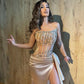 Light champagne gorgeous fashion strapless beaded sleeveless pleated high slit long prom evening gown dress nv2758