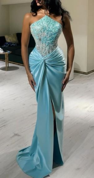 Green Luxury Strapless Mermaid Evening Dress Shiny Satin Beaded Long Formal Party Dress Prom Dress Evening Gown nv2415