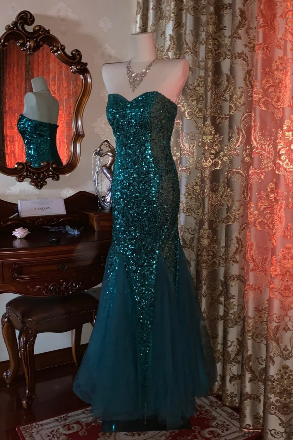 Sternenklares, pfauenblaues, trägerloses Meerjungfrauen-Abendkleid mit Diamantenbesatz – Schimmerndes Kleid für Dinner und Preisverleihung NV6368