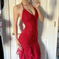 Gorgeous Red Strap Glitter Ruffle Mermaid Long Evening Dress Prom Dress Party Dress nv2287