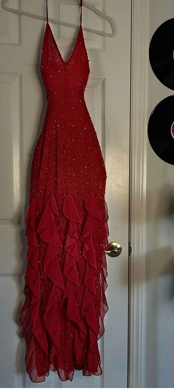 Gorgeous Red Strap Glitter Ruffle Mermaid Long Evening Dress Prom Dress Party Dress nv2287