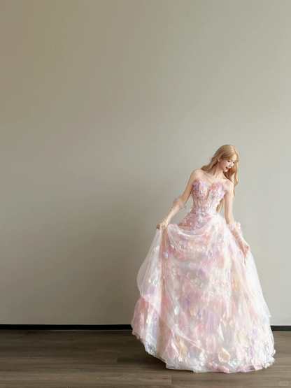 Pink Ombre 3D Floral Strapless Prom Gown Tulle Formal Dress with Gloves  NV7167