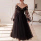 Black romantic ankle-length long sleeve tulle A-line applique long evening gown ball gown party dress nv2567