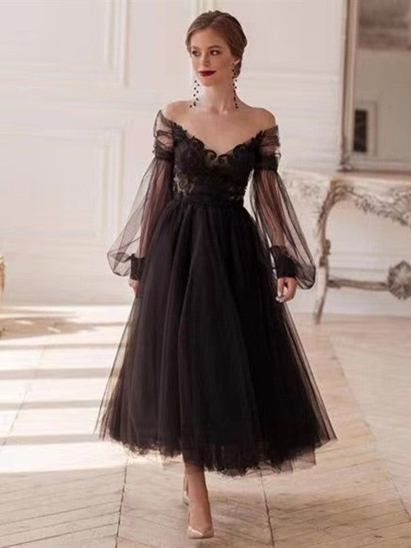 Black romantic ankle-length long sleeve tulle A-line applique long evening gown ball gown party dress nv2567