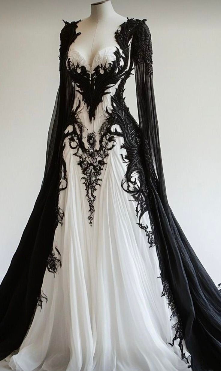 Purple-Black-White Contrast 3D Embroidery Strapless Lace Veil Dark Wedding Dress NV6226
