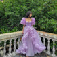 Purple sweetheart neckline puff sleeve tulle long ruffled ball gown evening dress nv2887