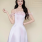 Off Shoulder Gradient Lavender Satin Evening Dress, 3D Pink Flower Petal Prom Gown  NV7433