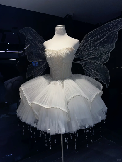 White Fairy Short Tulle Formal Gown Pearl Beaded Corset With Sparkly Wings  NV6952
