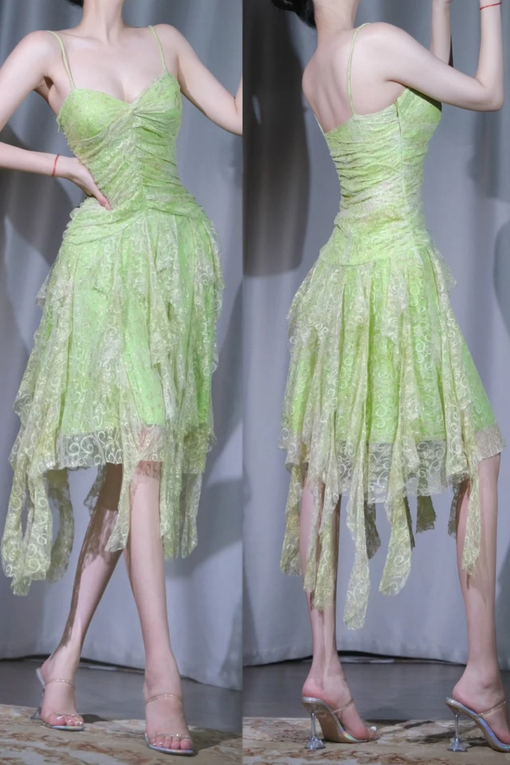 Mint Mambo Green Lace Cami Cocktail Dress, Asymmetric Hem Evening Dress , Fairycore Date Dress  NV6846