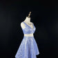 Explosive ice blue satin blue fine lace rhinestone belt short homecoming dress birthday dress nv4495