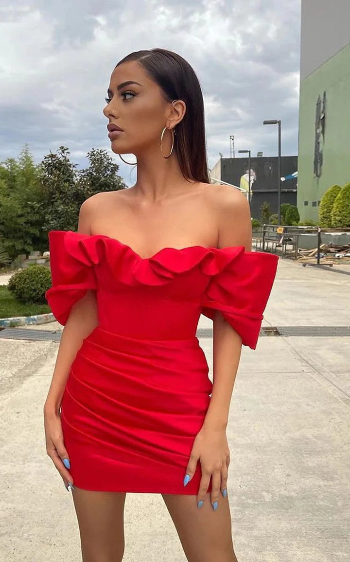 Red off the shoulder pleated homecoming dress party dress birthday dress nv2242