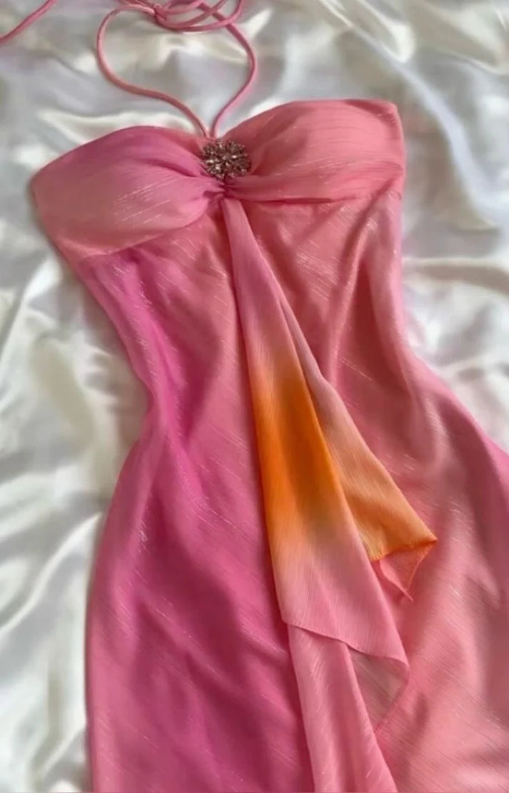 Pink Gorgeous Gradient Strapless Long Chiffon Elegant Ball Gown Evening Dress Party Dress nv4610