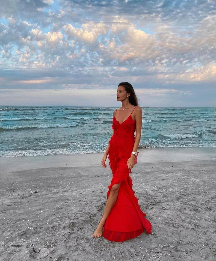 Red fashion spaghetti straps long Chiffon ruffled bodycon ball gown evening dress party dress nv3544