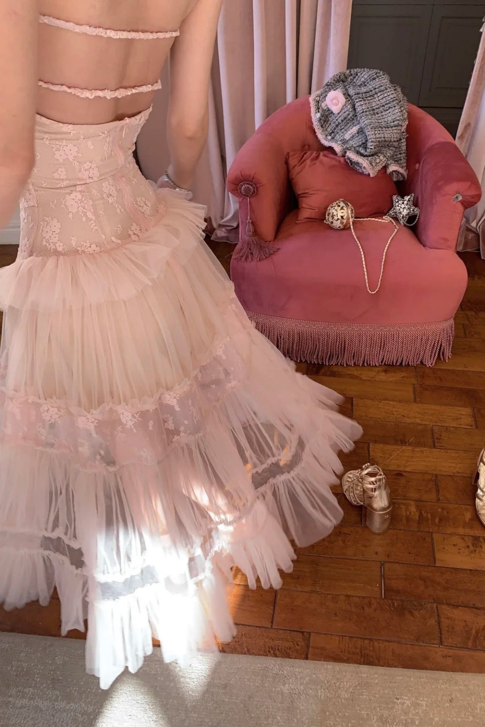 Pink long chiffon evening gown NV6745