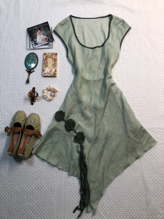 Sage Green Short Homecoming Dress U Neck Cap Sleeve 3D Floral Tassel Irregular Hem Vintage Cocktail Gown  NV6930