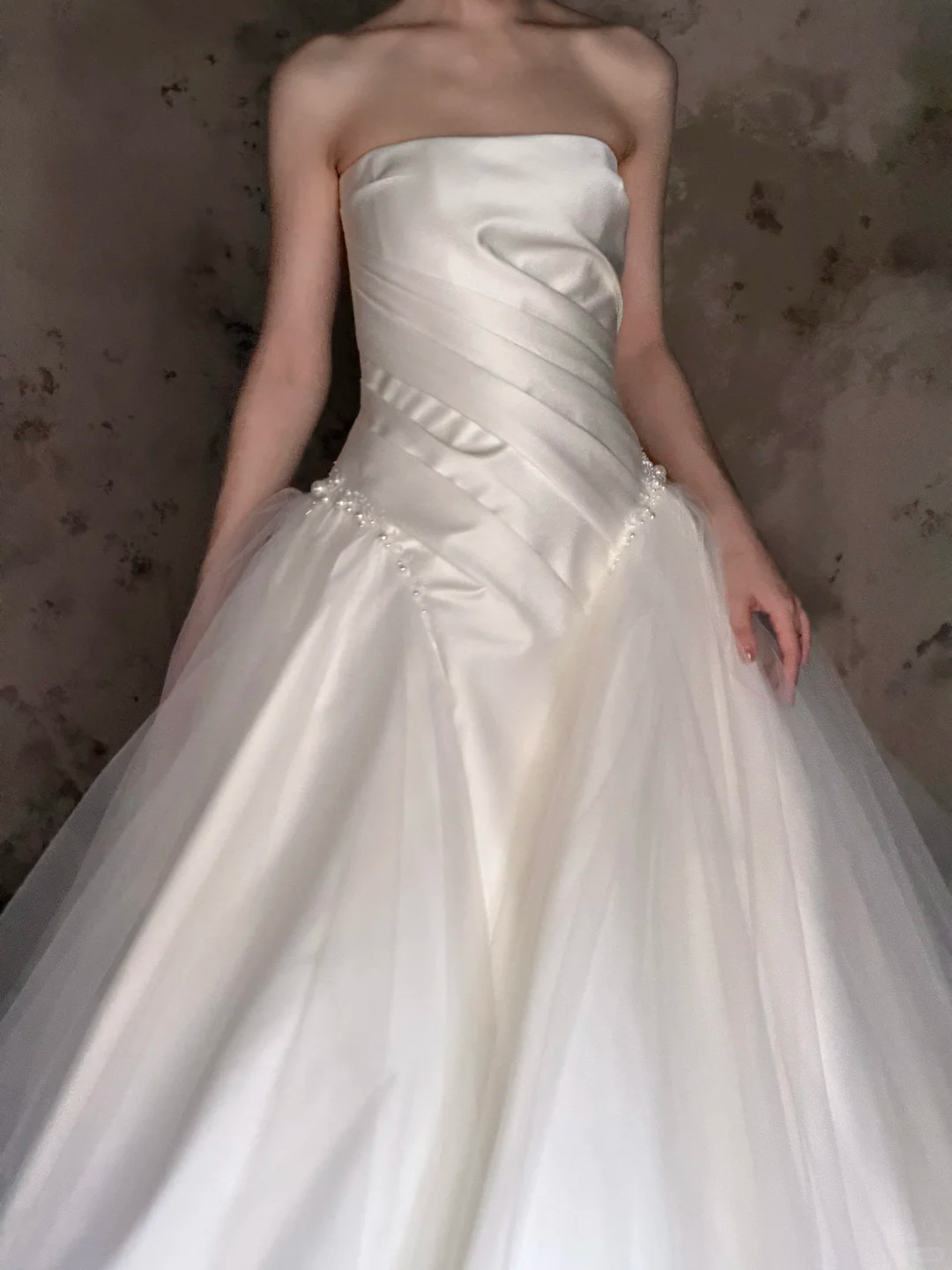 Ivory Strapless Satin Tulle A-Line Wedding Gown with Beaded Waist  NV7191
