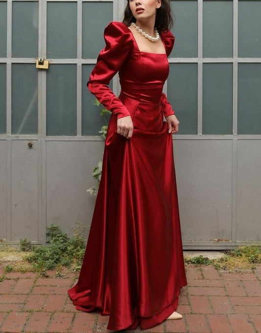 Red simple square neck elegant charming long sleeve long wedding dress ball gown evening dress nv2841