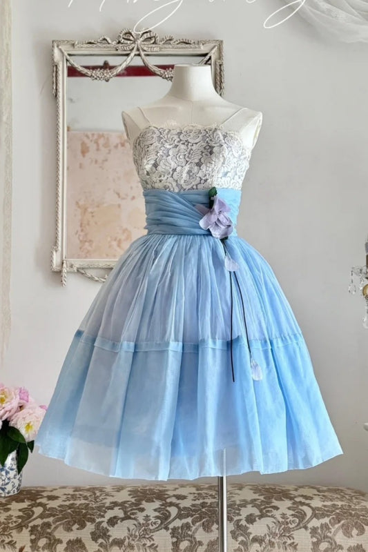 NiceVestidos--Blue Floral Delicate Lace Short/Mid-Length Tulle Homecoming Dress NV5668