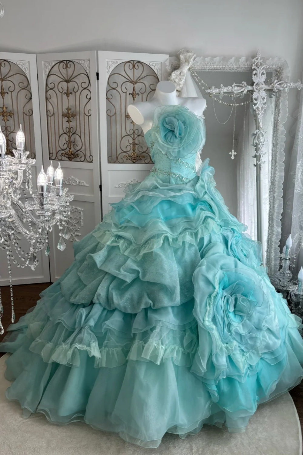Mint Enchantment - Strapless Beaded 3D Floral Ball Gown, Layered Ruffle Train Evening Dress  NV6845