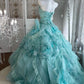 Mint Enchantment - Strapless Beaded 3D Floral Ball Gown, Layered Ruffle Train Evening Dress  NV6845
